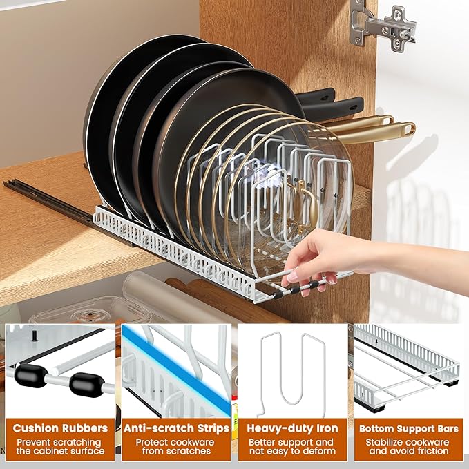Housolution 1 Pack Pull out Pot Lid Organizer for Under Cabinet, Slide Out Pot and Pan Organizer with 10 Adjustable Dividers, Sliding Pan Holder Storage Rack inside Cabinet, White