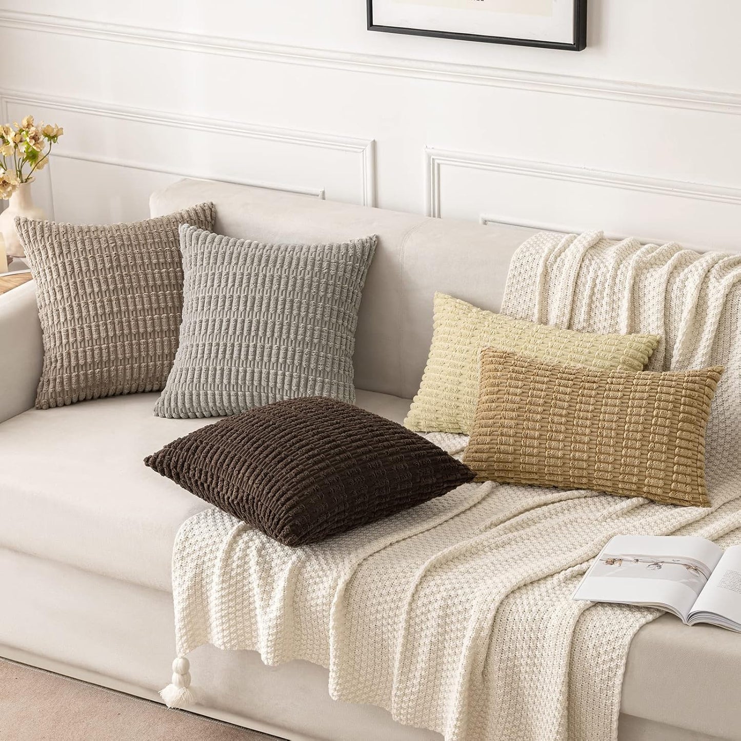 MIULEE Decorative Lumbar Throw Pillow Covers - Soft Boho Striped Design | 20x12 Inch Light Brown for Sofa & Living Room