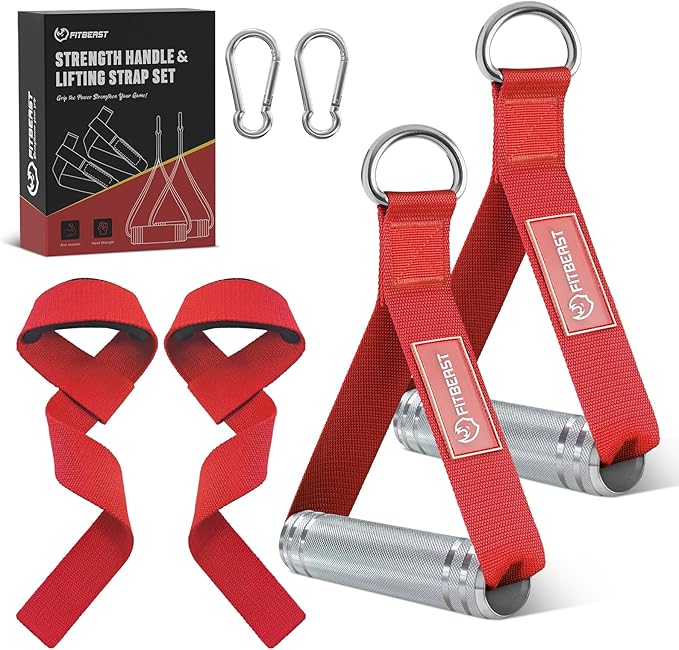 FitBeast Aluminum Alloy Exercise Handles & Lifting Straps Set - Gym Handles for Cables Machine with Thick D Buckle, Stable Grip, Ideal for Home Gyms, Fitness Centers, Strength Training for Men (Red)