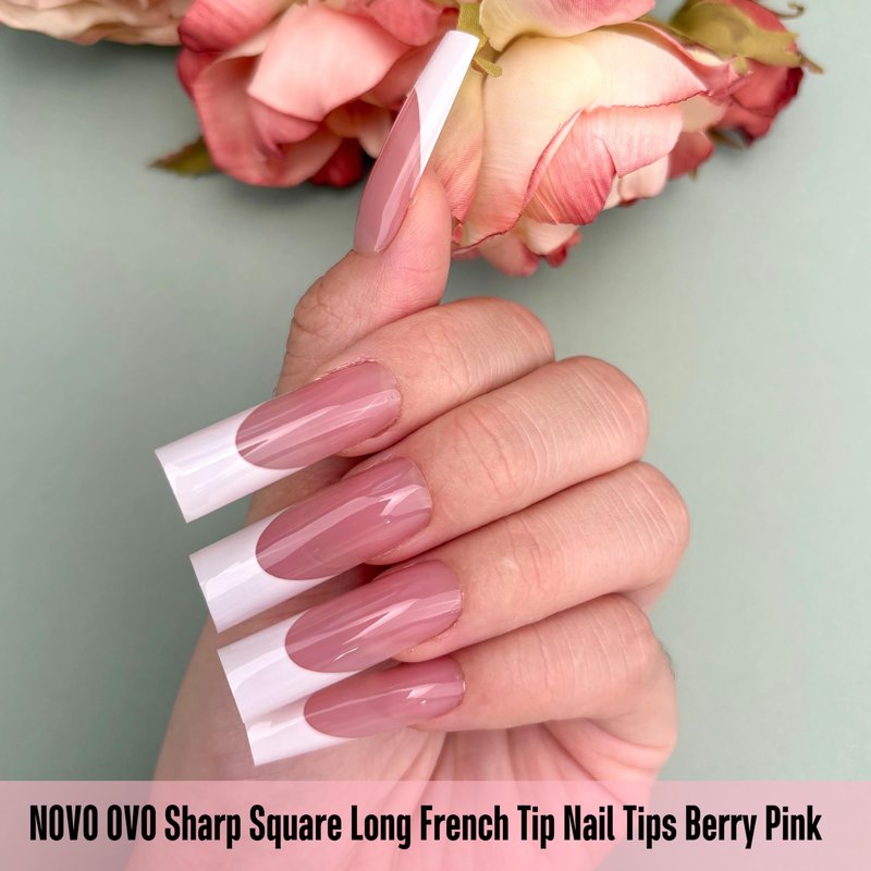 NOVO OVO Long Sharp Square White French Tip Nail Tips Press on BERRY PINK, Extra Thick NEED Builder Gel & Top Coat & Glue, Soft Gel full Cover False Fake Nail Extension for Salon DIY x 15 Sizes 180 pc