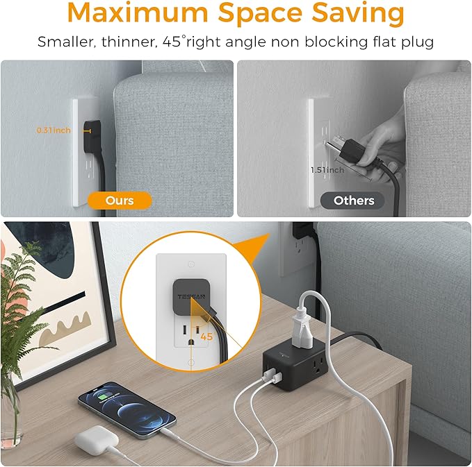 TESSAN Small Flat Plug Power Strip, Ultra Thin Extension Cord 5 ft, 3 AC Outlets with 3 USB Ports (1 USB C), Multiple Wall Outlet Extender for Cruise Travel Office School Dorm Room Essentials, Black