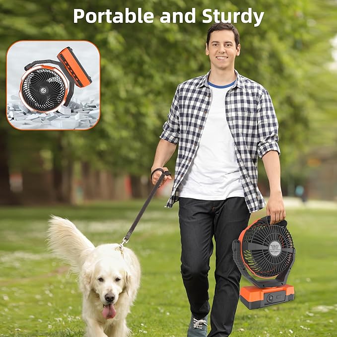 Camping Fan with Light - 20000mAh Rechargeable Battery Fan, 110Hrs Run Time, 4 Speeds, 8H Timers, 110° Auto Oscillation & 270° Pivot Tent Fan with Hook for Camping Power Outage, Hurricane(no adapter)