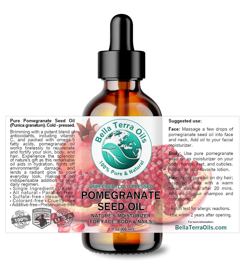 Bella Terra Oils - Organic Pomegranate Seed Oil 16 oz - Revel in the Essence of Punicic Acid & Ellagic Acid, Nature’s Gift for Radiant & Nourished Skin