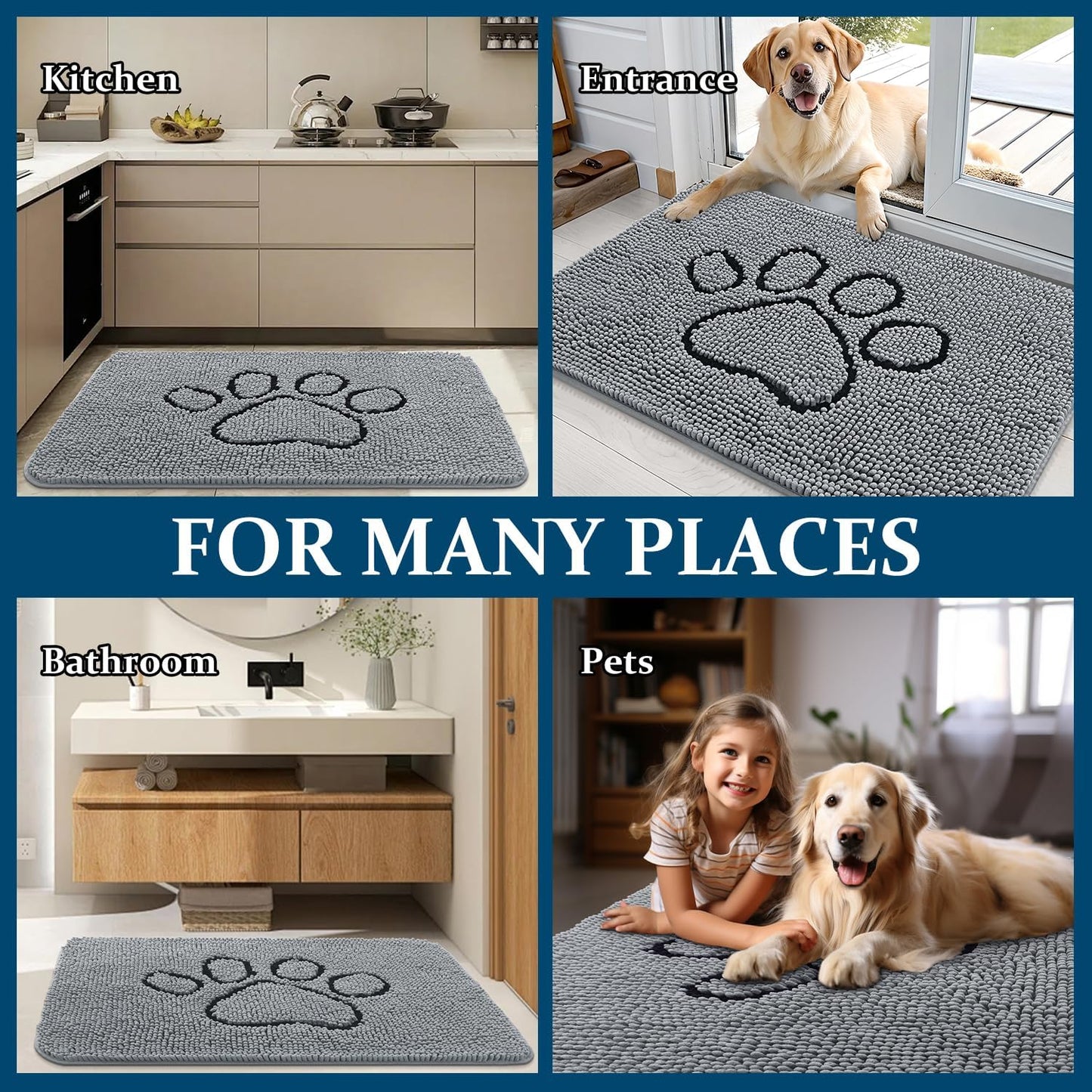 OLANLY Dog Door Mat - Absorbent Non-Slip Mud Mat for Paws | 59x20 Grey Chenille Design