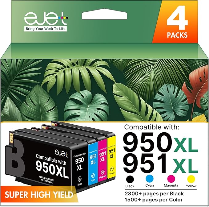 ejet 950XXL 951XXL Combo Replacement for HP 950 XXL 951 XXL Ink Cartridge Work for HP OfficeJet Pro 8600 8610 8620 8100 8630 8660 76DW 251DW (1 Black, 1 Cyan, 1 Magenta, 1 Yellow)