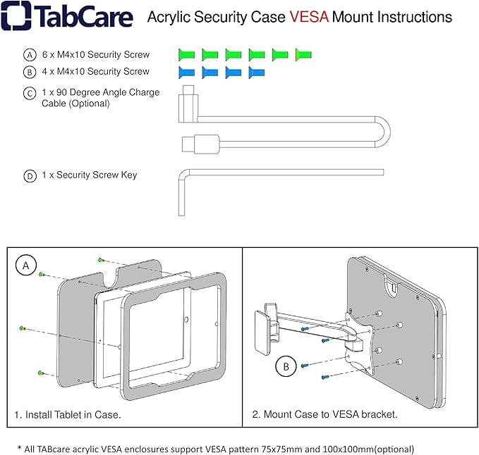 TABcare Anti-Theft Acrylic VESA Enclosure for Apple iPad Pro 12.9" 2015 2017 with Free Wall Mount Kit & 90-Degree Angle Charge Cable (iPad Pro 12.9" 1/2, Clear)
