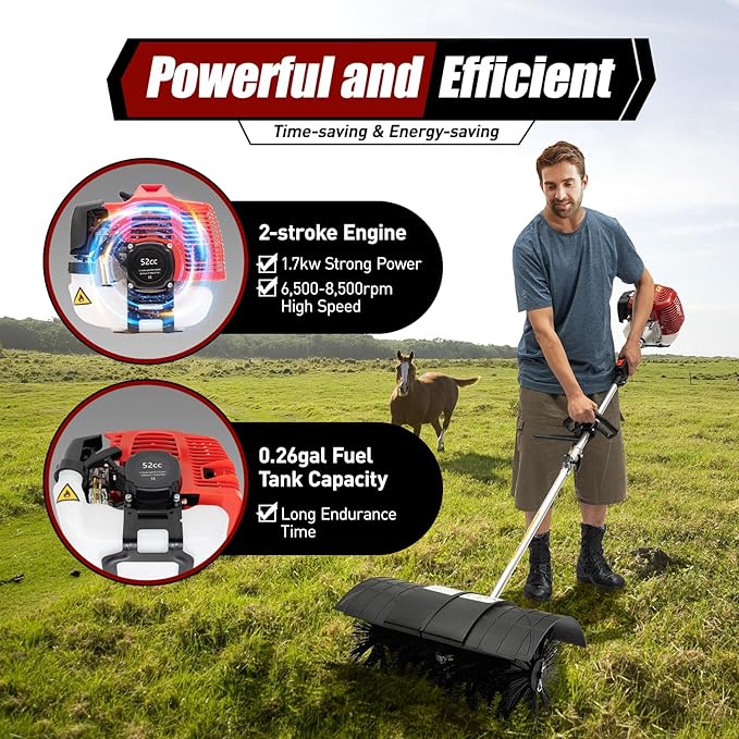 52CC Gas Handheld Sweeper Broom 2 Stroke Air Cooled Fuel Engine Gas Power Sweeping Broom Machine Heavy Duty Cleaning Driveway Tools for Artificial Turf Grass Gravel, Snow Cleaning, Road