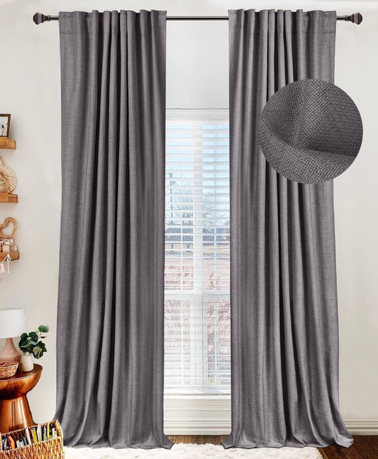 Skiennix 100% Blackout Linen Curtains - Thermal Insulated Drapes, 50" W x 96" L, Dark Gray (2 Panels)