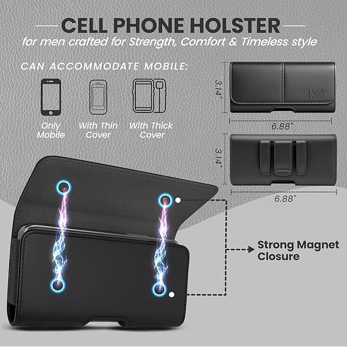 Wireless City X-Large Phone Holster for Men & Women, Horizontal Belt Clip & Loop Cell Phone Pouch, Magnetic Closure Phone Belt Holder Fits iPhone 17/16/15/14/13/12 Pro Max & Large Smartphones (Black)