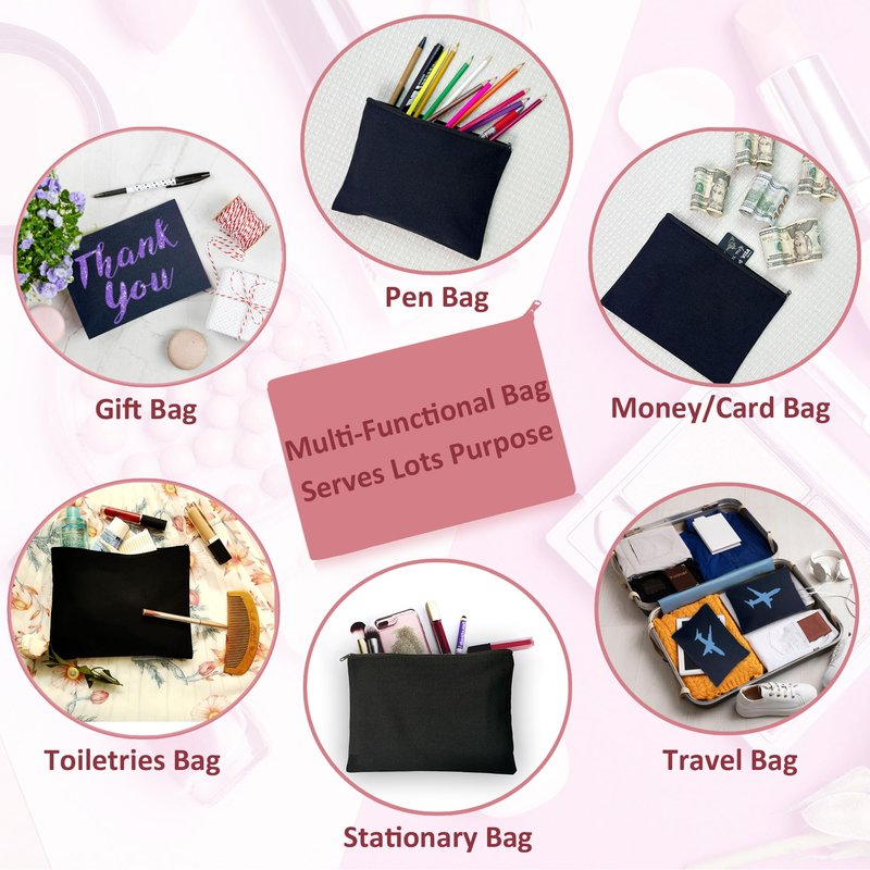 Koolmox 20 Pieces Bulk 9x7 Large Black Canvas Makeup Bags, DIY Canvas Pouch Cosmetic Pouches with Zipper for Gifts Craft Sublimation Heat Transfer Painting Patches Embroidery Travel Storage