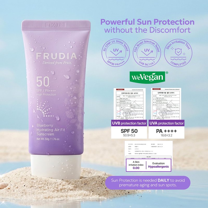 FRUDIA Blueberry Hydrating Air Fit Sunscreen SPF 50 PA++++ | Noncomedogenic, Ultra Lightweight Broad Spectrum Korean Face Sunscreen with Triple Hyaluronic Acid, & Panthenol | No White Cast, 1.76 oz