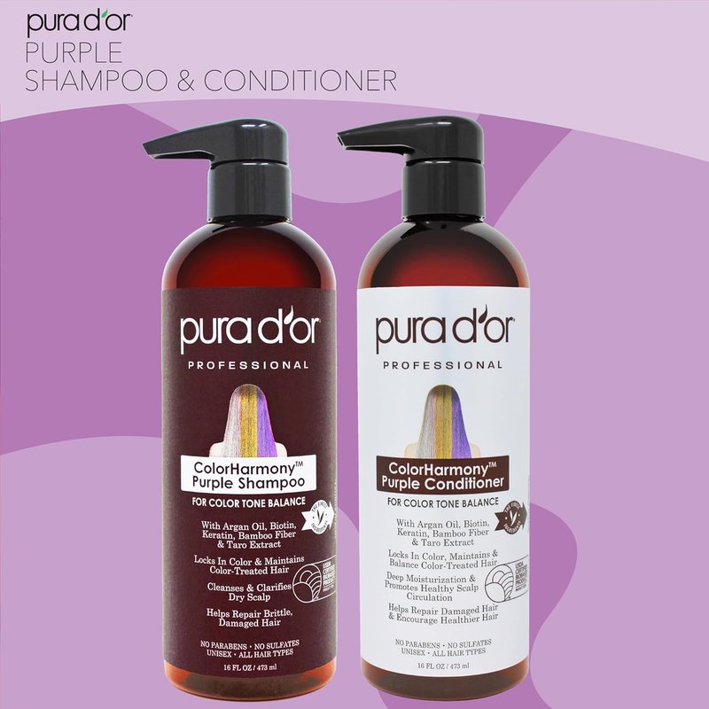 PURA D'OR Purple Shampoo & Conditioner Set - Biotin Formula for Bleached, Blonde & Silver Hair | 16oz Each