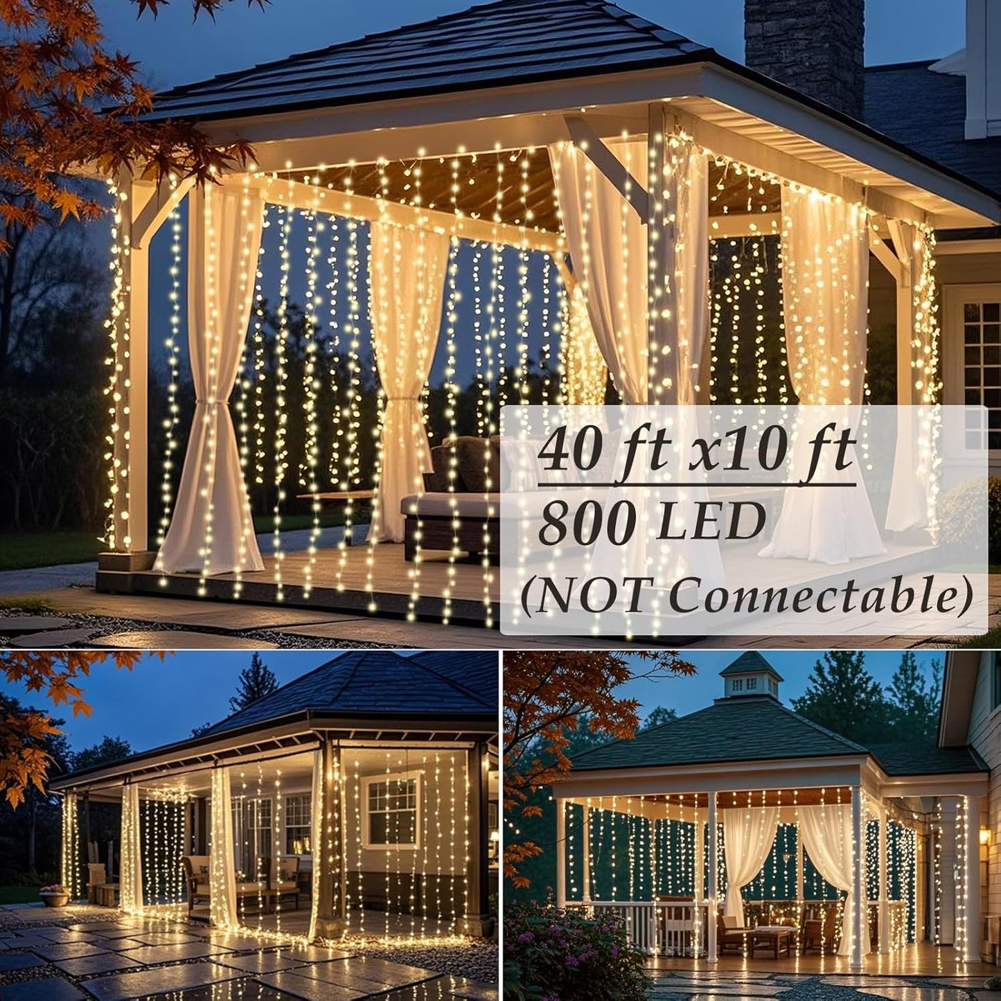 Solhice LED Curtain Lights - 800 Warm White Twinkle String Lights for Outdoor & Indoor Décor | 40ft x 10ft