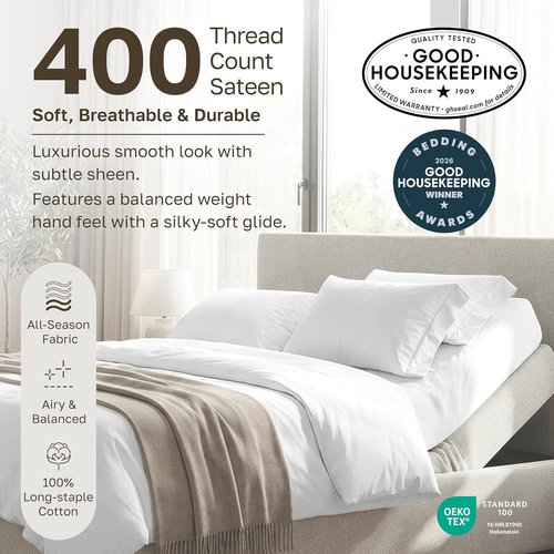 California Design Den Split King Sheet Set - 100% Cotton, 400 TC, Silky Smooth Sateen, Deep Pockets - White