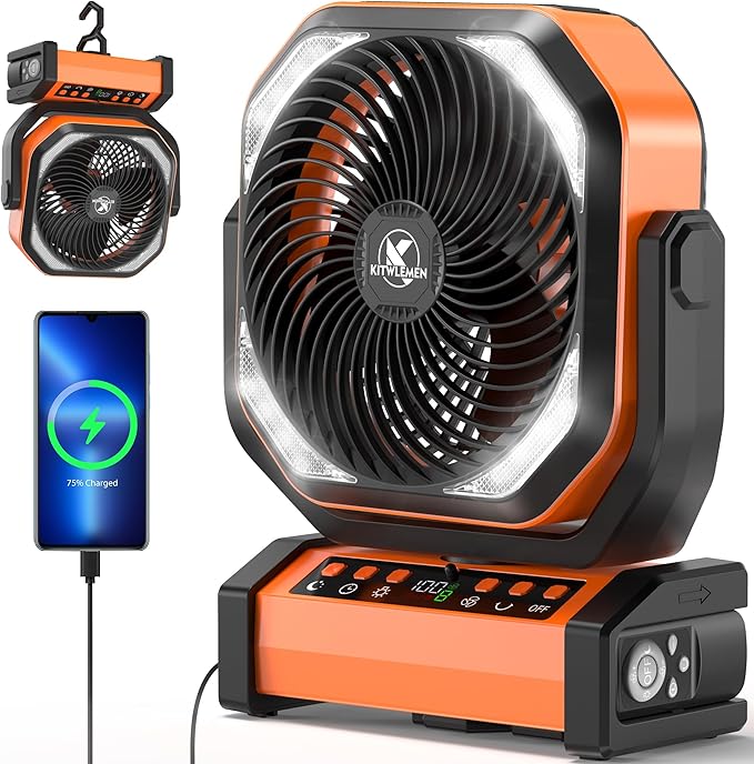 Camping Fan with Light - 20000mAh Rechargeable Battery Tent Fan, 112Hrs Max, 8 Speeds, Digital Display, Timer, Auto Oscillation, 270° Pivot & Hook for Garage, RV, Hurricane, Co-Branded with MORECORE
