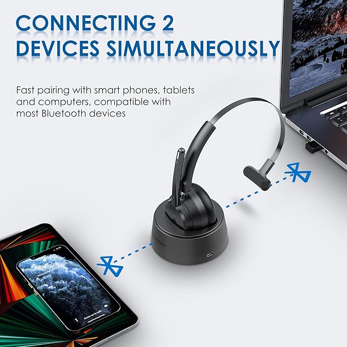 Mopchnic Bluetooth Headset, Wireless Headphone with Microphone for Computer, On Ear Bluetooth with USB Dongle for Office Call Center Skype Zoom Meeting Online Class (Dark Gray)
