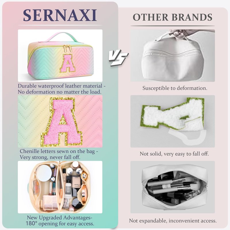 Personalized Initial Travel Makeup Bag | Trendy Girls Make up bags, Large Capacity Colorful Cosmetic Bag Organizer for Women, Leather Waterproof Open Flat Toiletry Bags for Teen friends Gifts - E