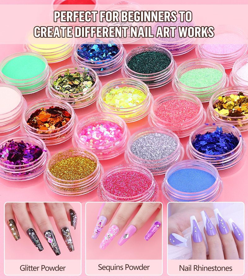 Acrylic Nail Kit with Drill and UV Light, Nail Kit for Beginner with Everything, 24 Glitter Acrylic Powder Monomer Liquid Set with Drill for for Home Nail Salon