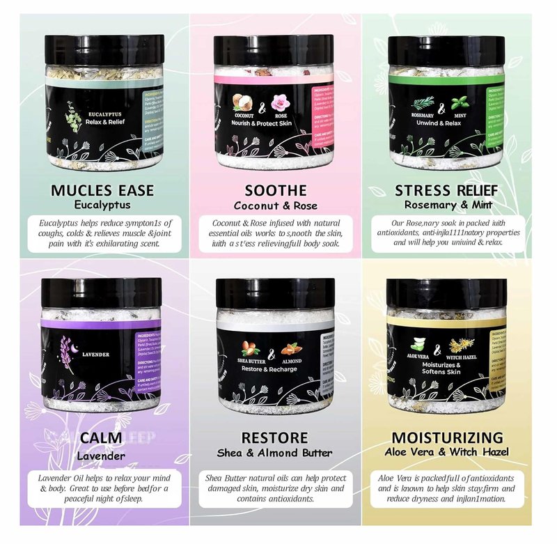 Epsom Bath Salts Gift Set, Relaxing Spa Salt & Essential Oils, Bubble Bath Soaks - Lavender, Eucalyptus, Coconut, Shea Butter, Rose Mary & Aloe Vera Self Care Gifts for Women (6 Pack)