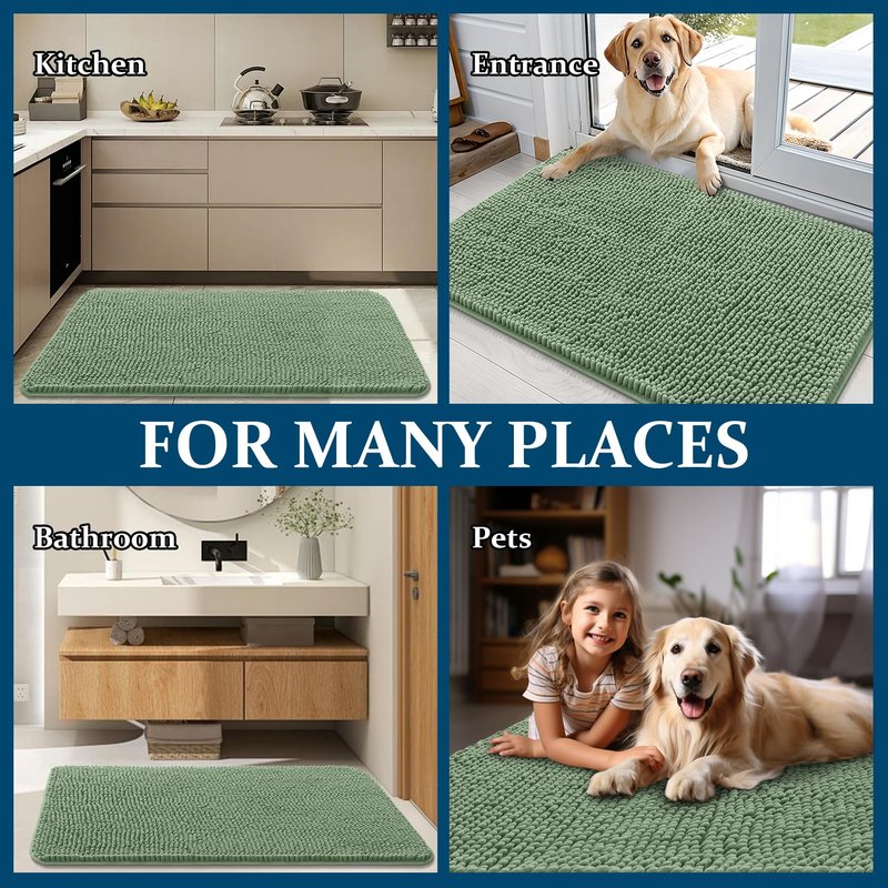 OLANLY Dog Door Mat for Muddy Paws 70x32, Absorbs Moisture and Dirt, Absorbent Non-Slip Washable Doormat, Quick Dry Chenille Mud Mat, Entry Indoor Entryway Carpet for Inside Floor, Olive Green