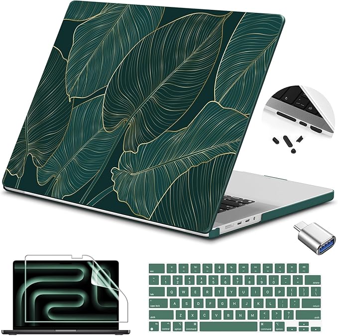 Teryeefi Pattern Case for MacBook Pro 14 inch Case 2025-2021 M5 M4 M3 M2 M1 Pro/Max, Fit Model A3401 A3112 A2992 A2918 A2779 A2442 Protective Hard Shell +Keyboard Cover+Screen Protector - Green Leaf