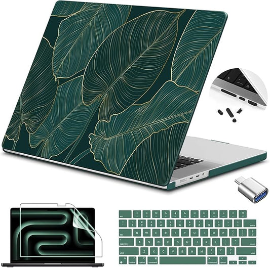 Teryeefi Pattern Case for MacBook Pro 14 inch Case 2025-2021 M5 M4 M3 M2 M1 Pro/Max, Fit Model A3401 A3112 A2992 A2918 A2779 A2442 Protective Hard Shell +Keyboard Cover+Screen Protector - Green Leaf