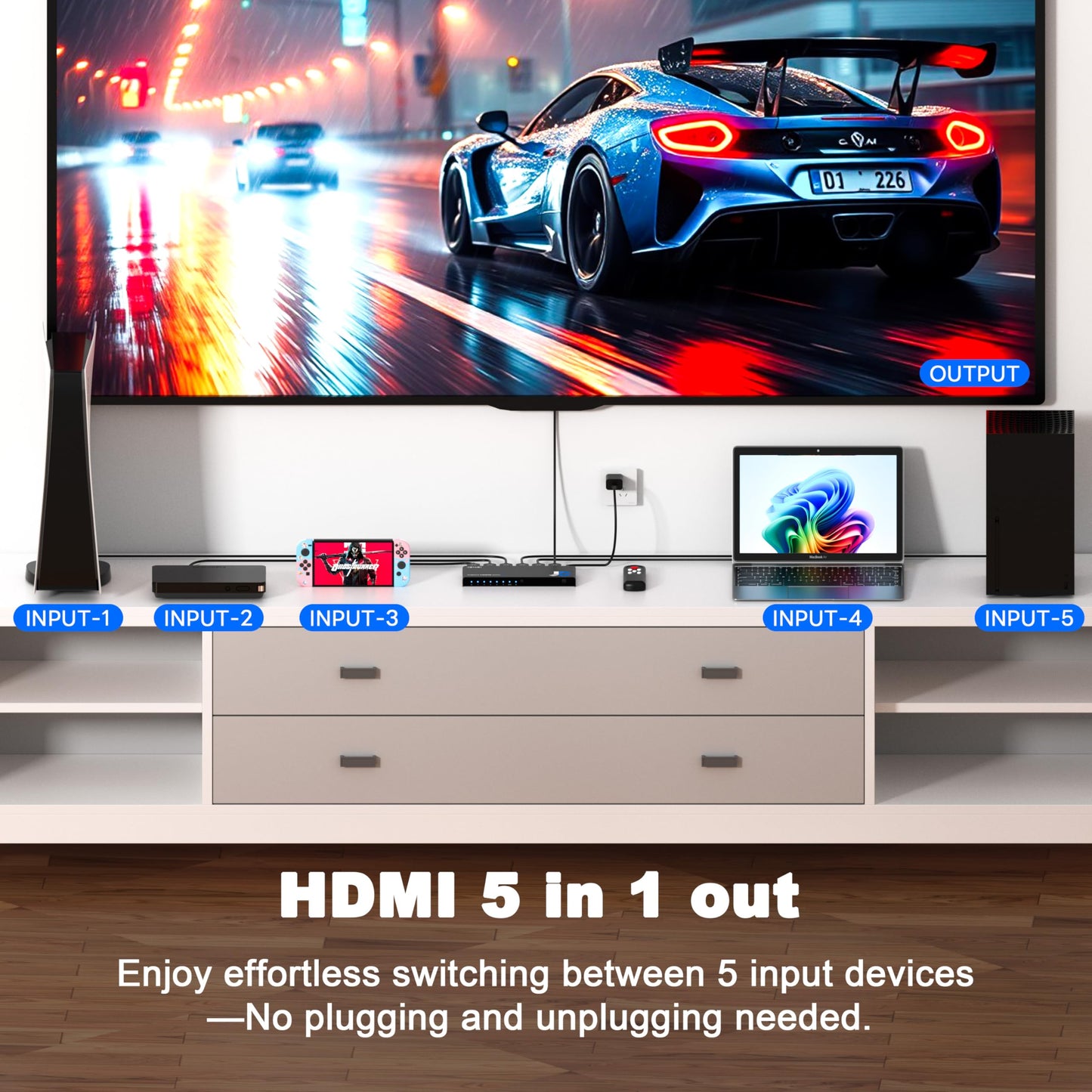 JCHICI 4K HDMI Switch 5x1 with Remote - 4K@60Hz HDR HDCP 2.2 - Auto-Switcher Splitter for PS5/PS4/Xbox/Switch/PC