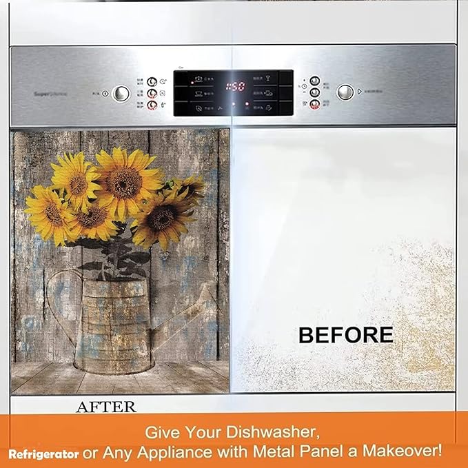 Rustic Wood Dishwasher Cover For Front,Vintage Sunflower Vase Dishwasher Magnet Cover Door Decor Farmhouse Sticker,Country Flower Dishwasher Panel Decal,Home Appliance Decal 23"x17"