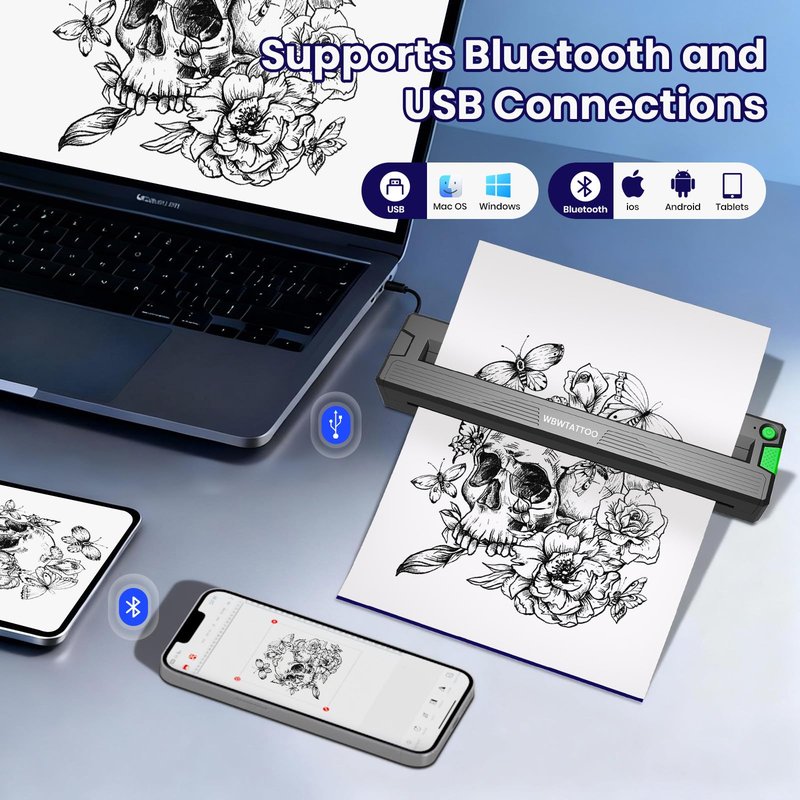 2026 New Tattoo Stencil Printer Machine,Thermal Portable Wireless Bluetooth Printer,for Tattoo Artists&Beginners,with Transfer Paper and Thermal Paper,Compatible with Phone&PC (Black)