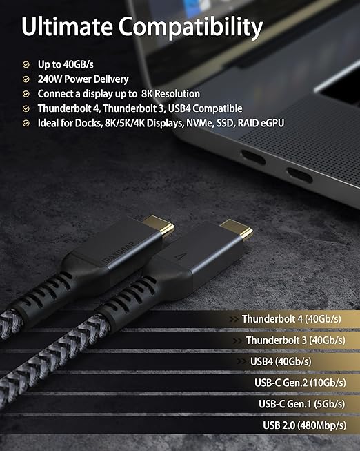 Maxonar 2 Pack Thunderbolt 4 Cable, 40Gbps Sync, 240W Charging, 8K/5K Display, All-in-One Cable Replaces Multiple Cables for 2026 Studio Display, MacBook, SSD, Docking [3.3FT]