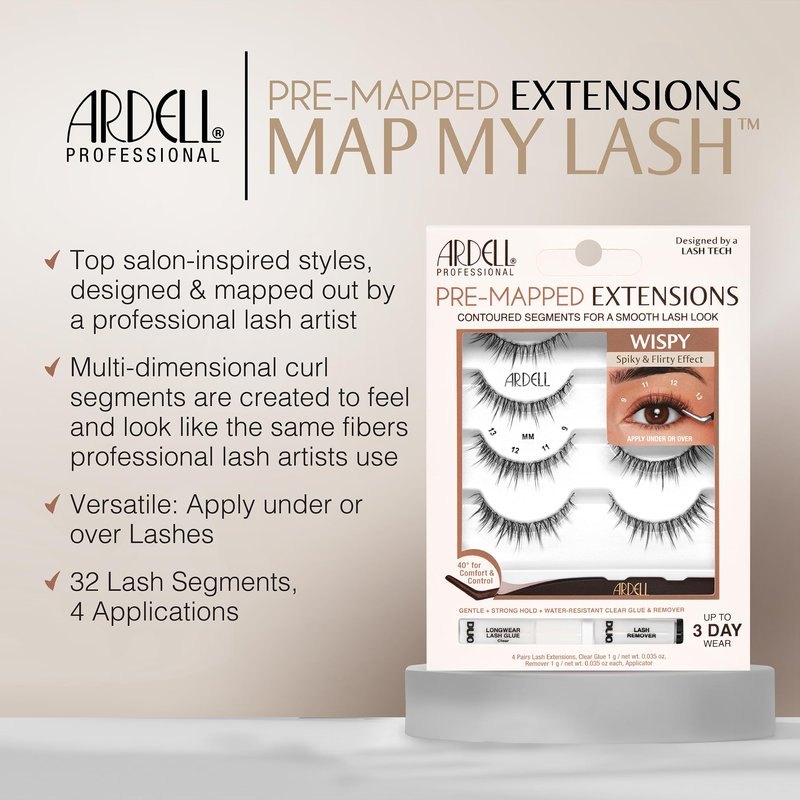 Ardell Pre-Mapped Eyelash Extensions Kit - False Lashes Wispy, Reusable Segmented Lash Strips, Long-Lasting with Lash Glue and Remover, 4 Pack