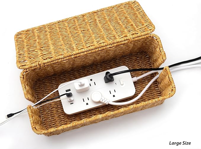 ZhiYo Rattan Cable Management Box, Cord Organizer, Nature, 2 Pack (M&L)