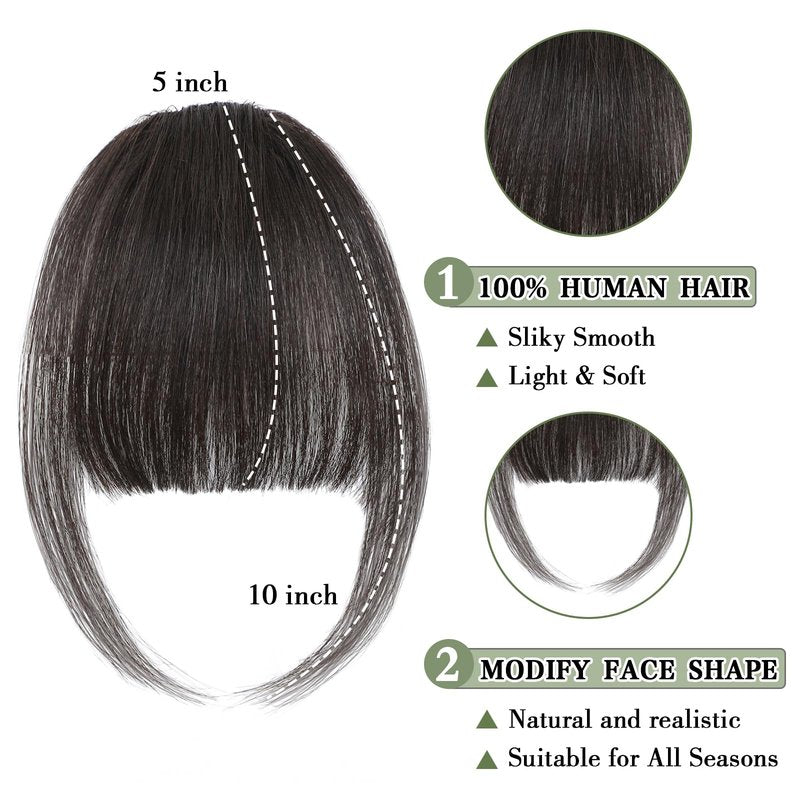 Carendia Bangs Hair Clip Human Hair Natural Black French Bangs for Women Fringe with Temples Hairpieces (Brown Black, 3D Bangs)