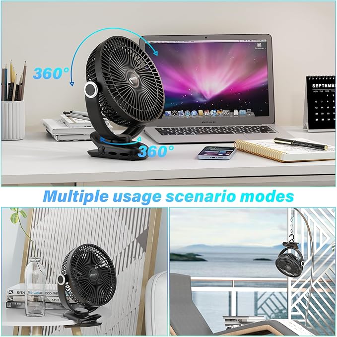BIVBTP 12000mAh Clip on Fan 30H Longest Runtime, 8in Portable Fan Rechargeable, Ultra Quiet with Heavy-Duty Clamp, USB Desk Fans for Golf Cart,Office Desk, Treadmill, Camping, Bedroom