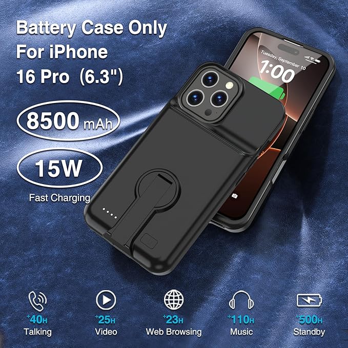 GIN FOXI Battery Case for iPhone 16 Pro, Charging Case with Holder 8000mAh Rechargeable Charger Ultra-Slim Anti-Fall Protection Extended Battery Pack Juice Box for iPhone 16 Pro 6.3" Black