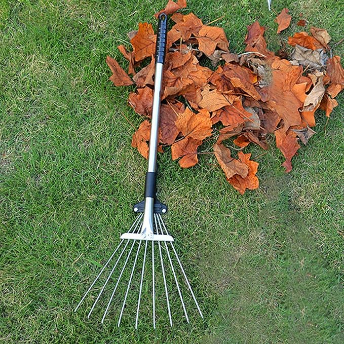 Adjustable Collapsible Garden Leaf Rake Aluminum Alloy Lawn Yard Rake for Leaf Cleaning Flower Bed and Outdoor Gardening (9 Teeth 55â73.5cm Length 11â31cm Width)