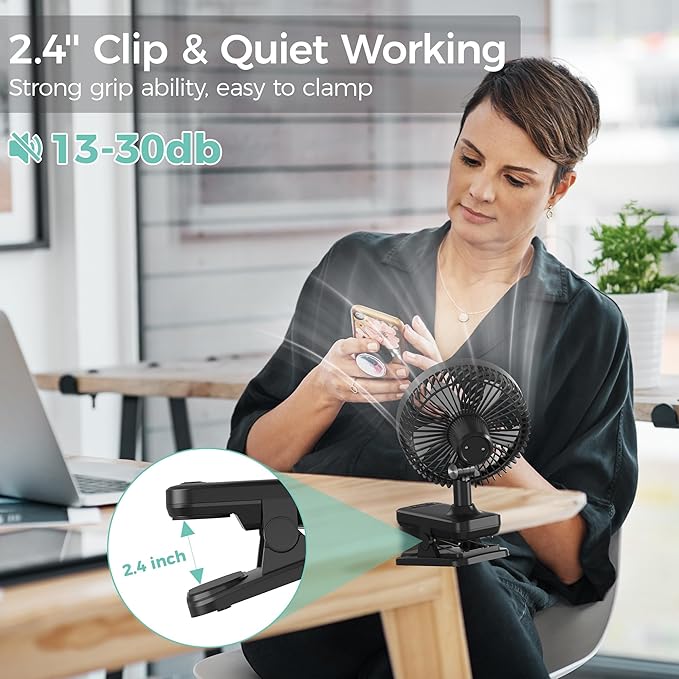 10000mAh Clip On Fan, 42H Run, Quiet & Auto Oscillating Table Fan, Rechargeable with 4 Powerful Speeds, Battery Operated Desk Fan with Sturdy Clamp for Camping Outdoor Travel RV Home Bedroom Office