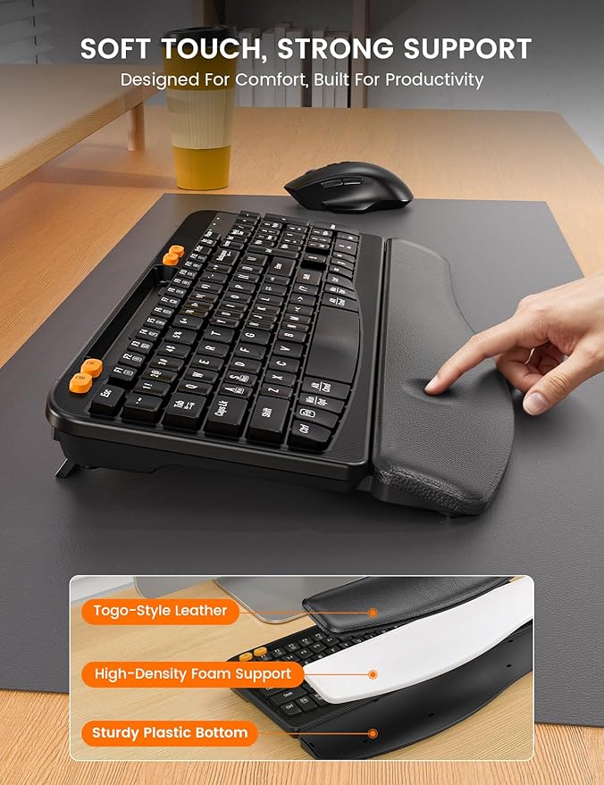 Wireless Keyboard and Mouse Combo, Ergonomic Wave Keys, Cushioned Palm Rest, Rechargeable, Phone Holder, Natural Typing, 2.4G Lag-Free, MA22 Plus Full Size Keyboards Set for Windows/Mac -SABLUTE
