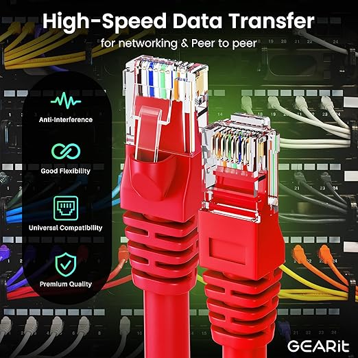GEARit Cat 6 Ethernet Patch Cables 3 ft Red (Cat 6 Ethernet Cables 3 ft 24-Pack), CAT6 High Speed 24AWG 10Gbps RJ45 Snagless Gold-Plated, Ethernet Cable for Router, Switch, PC, PS5 Gaming, Server