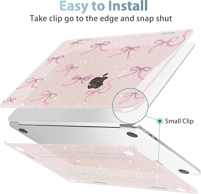 May Chen Case for MacBook Air 13/13.6 inch M5 A3449 M4 A3240 M3 A3113 M2 A2681, 2026 2025 2024-2022, Plastic Hard Shell with Keyboard Cover & Screec Protector, Sakura Pink Glitter Bow