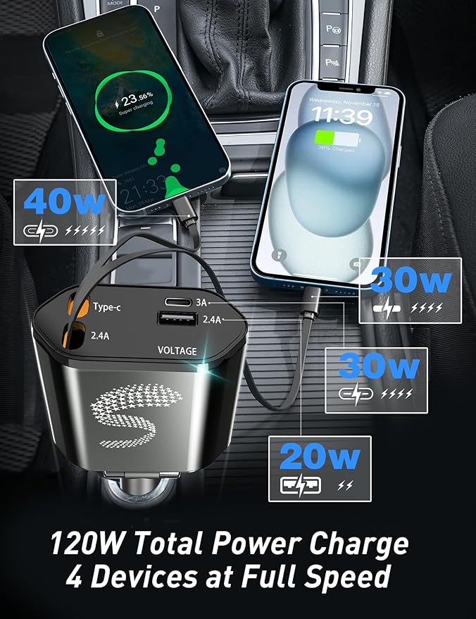Retractable Car Charger USB C Fast Charging 120W, Car Accessories Cigarette Lighter Adapter Car iPhone17 16 15 14 13, Galaxy S26, Pixel Charger Travel Essentials Gift for Travelers, Men, Women