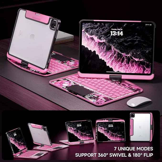 Transparent Case with Keyboard for iPad Air 13 Inch (M4/M3/M2, 2026/2025/2024), iPad Pro 12.9 Inch (6/5/4/3 Gen),7-Color Backlit,Magic wireless Keyboard, 360°Rotating,with trackpad,Pencil Holder,pink