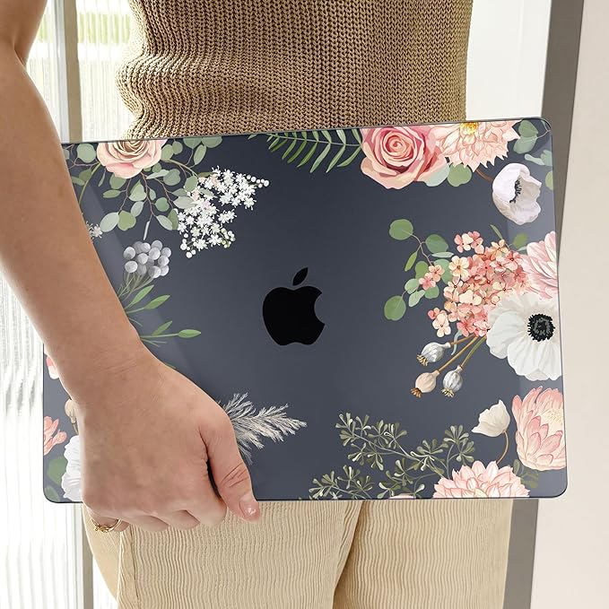 TWOLSKOO for MacBook Air 15 inch Case 2025 2024 2023 Release M4 A3241 M3 A3114 M2 A2941, Plastic Hard Shell & Screen Protector & Keyboard Cover & Type C Adapter, Rose Flower