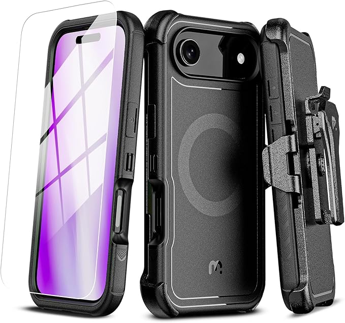 M MYBAT PRO for iPhone Air Case with Belt Clip Holster,[Compatible with Magsafe] w/Screen Protector,Anti-Drop,Shockproof,w 360°Rotating Kickstand,Heavy Duty Protection (Blue) (Black)