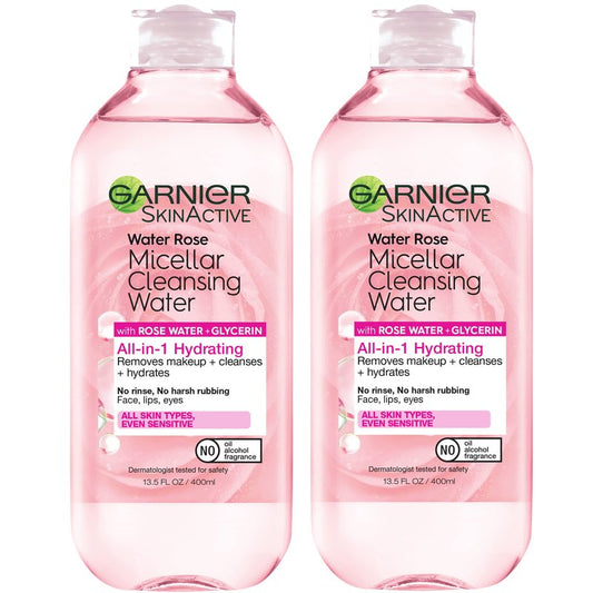 Garnier Micellar Water with Rose Water and Glycerin, Hydrating Facial Cleanser & Makeup Remover, For All Skin Types, Vegan, Cruelty Free, 13.5 Fl Oz (400mL), 2 Count