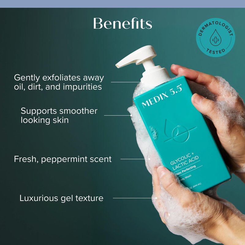 MEDIX 5.5 Exfoliating AHA Glycolic Acid Face & Body Wash Cleanser + Retinol Moisturizing Body Cream Lotion Skin Care 2PC Set | Alpha Hydroxy Acid & Lactic Acid Foaming Face Wash, 2-PC