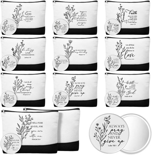 Christian Gifts for Women - 20 Inspirational Canvas Makeup Bags & Mini Bible Verse Mirrors | Bulk Set for Church, Mom, Pastor, Sunday School