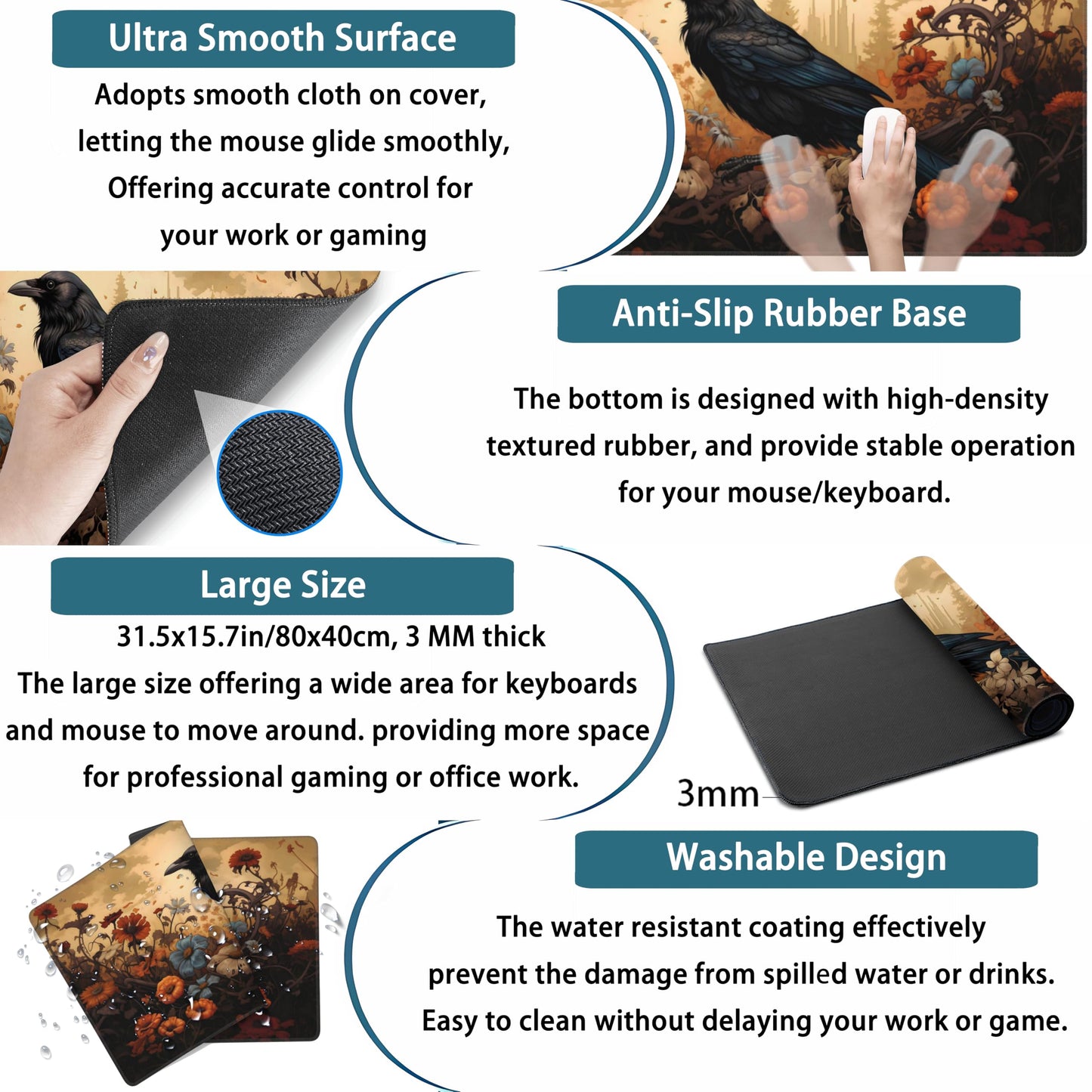 Anime Crow Kawaii Desk Mat Cute Retro Floral Mouse Pad Gaming Desk Pad XXL Large Desk Matt for Desktop Computer Mousepad, Laptop Keyboard Mouse Mat Office Decor Accessories for Women, 31.5x15.75 in