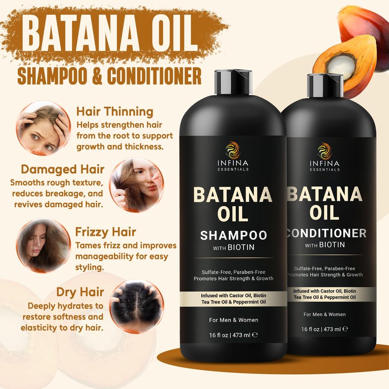 INFINA ESSENTIALS Batana Oil Shampoo and Conditioner Set | 16 fl oz Each | with Biotin & Tea Tree | Moisturizing, Strengthening & Nourishing Formula | Promotes Hair Growth and Thickness