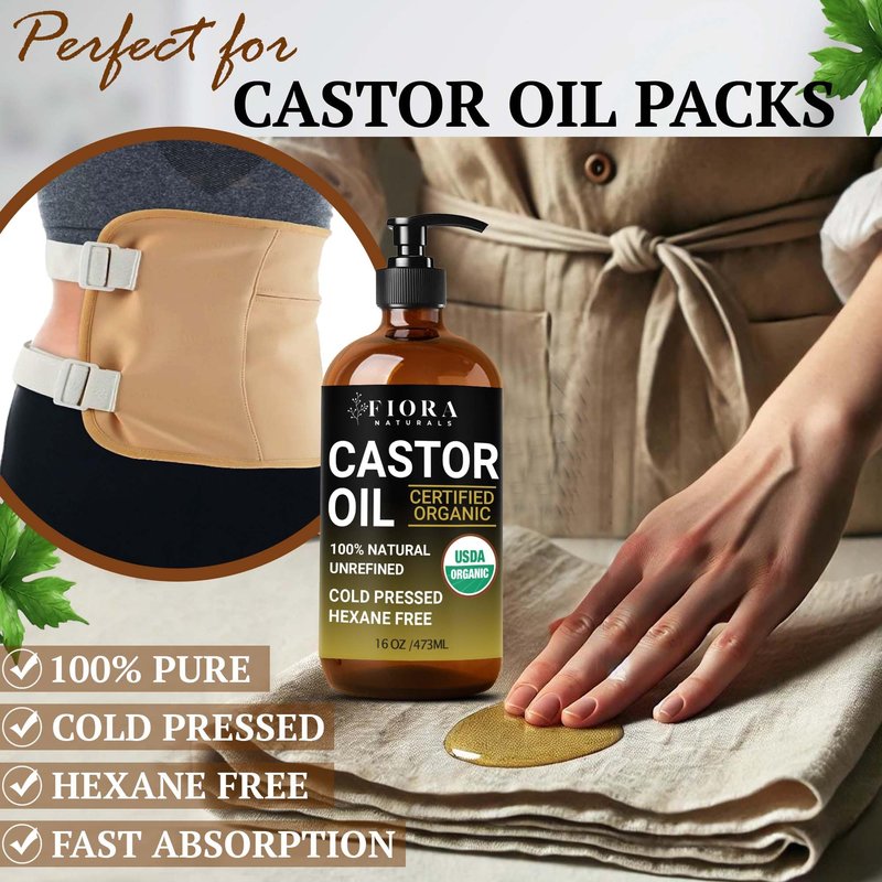 Fiora Naturals Organic Castor Oil in Glass Bottle – 16 Oz Cold Pressed & Hexane-Free – USDA Certified – Skin Moisturizer, Hair Growth Oil For Lashes, Brows, Skin & Scalp – with Pump